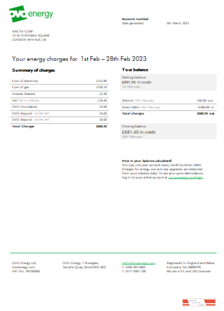 Ovo Energy electricity business bill,  SCR PSD template